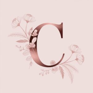 Luxurious rose gold C monogram DP with soft pastel floral background."