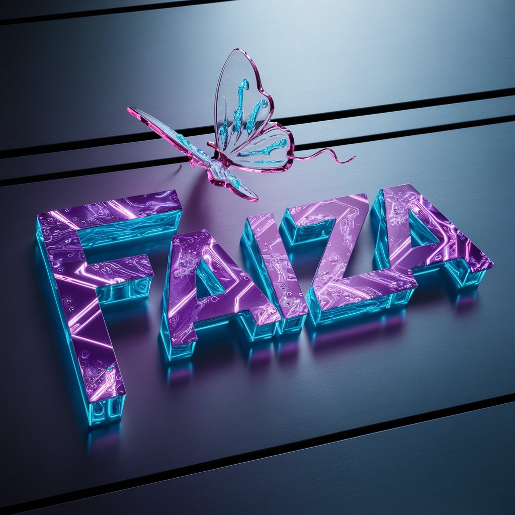 Elegant neon blue and purple "Faiza" logo with tech-inspired design and glass butterfly. Great for a futuristic wallpaper.