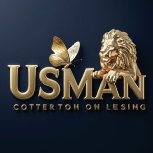 Majestic 3D lion and butterfly enhance the luxurious gold 'Usman' logo against deep blue."