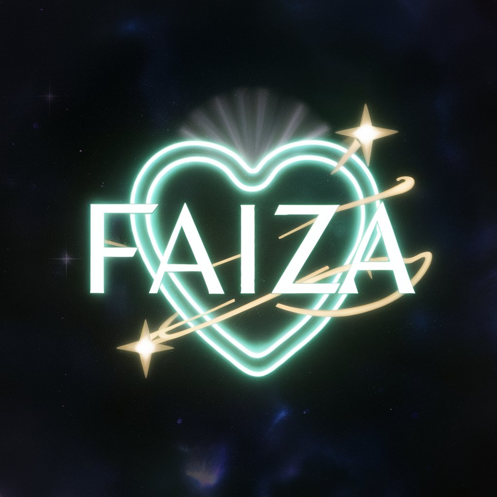 Celestial-themed 3D Faiza logo with neon green and midnight blue, featuring a glowing heart for space wallpapers."