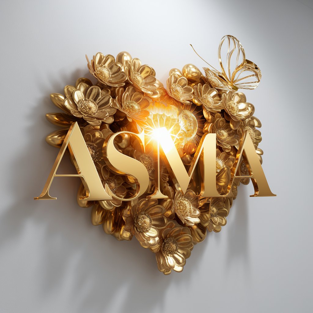 Elegant 'Asma' Wallpaper: Radiant gold text with golden flowers on a crisp white background."