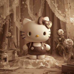 Hello Kitty amidst floating vintage items and floral patterns in a dreamy, sepia-toned 3D setting."