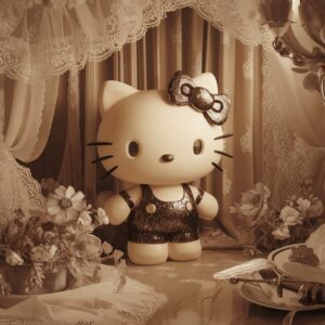 Vintage dreamscape featuring Hello Kitty with elegant lace and old-fashioned elements in 3D."