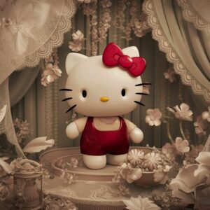 Hello Kitty in a vintage-inspired 3D dreamscape with sepia tones and delicate lace patterns."