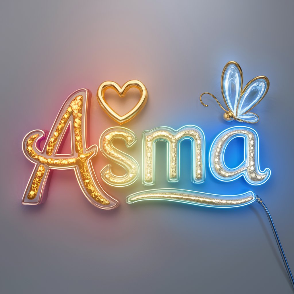 "Whimsical 3D Asma logo in golden hues with dynamic neon lights, set against a sleek silver background."