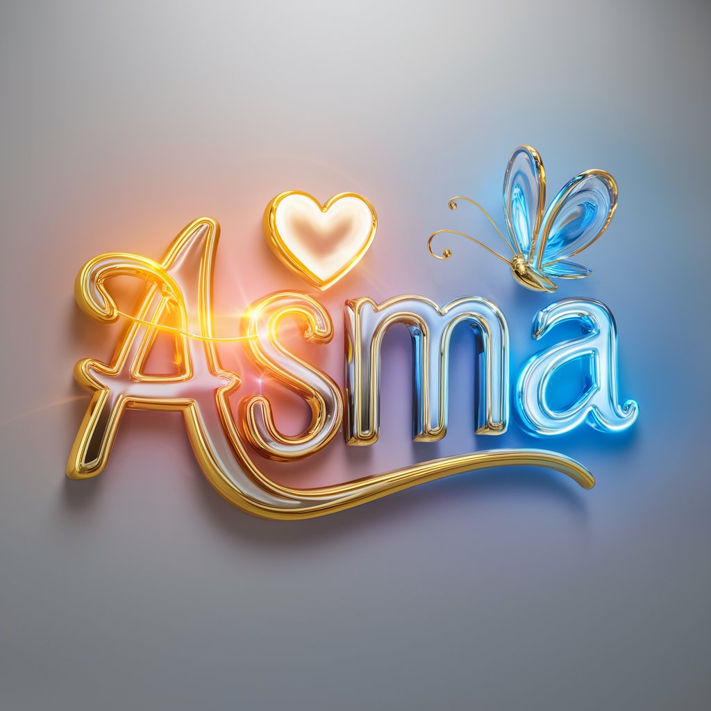 Enchanting 3D logo for Asma with vibrant neon lights and golden twitty details, including a warm heart and glass butterfly.