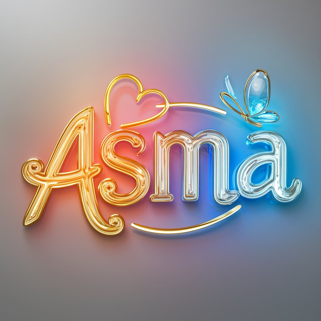 Captivating 3D Asma logo with golden twitty elements and vibrant neon lights, featuring a glowing heart and glass butterfly."