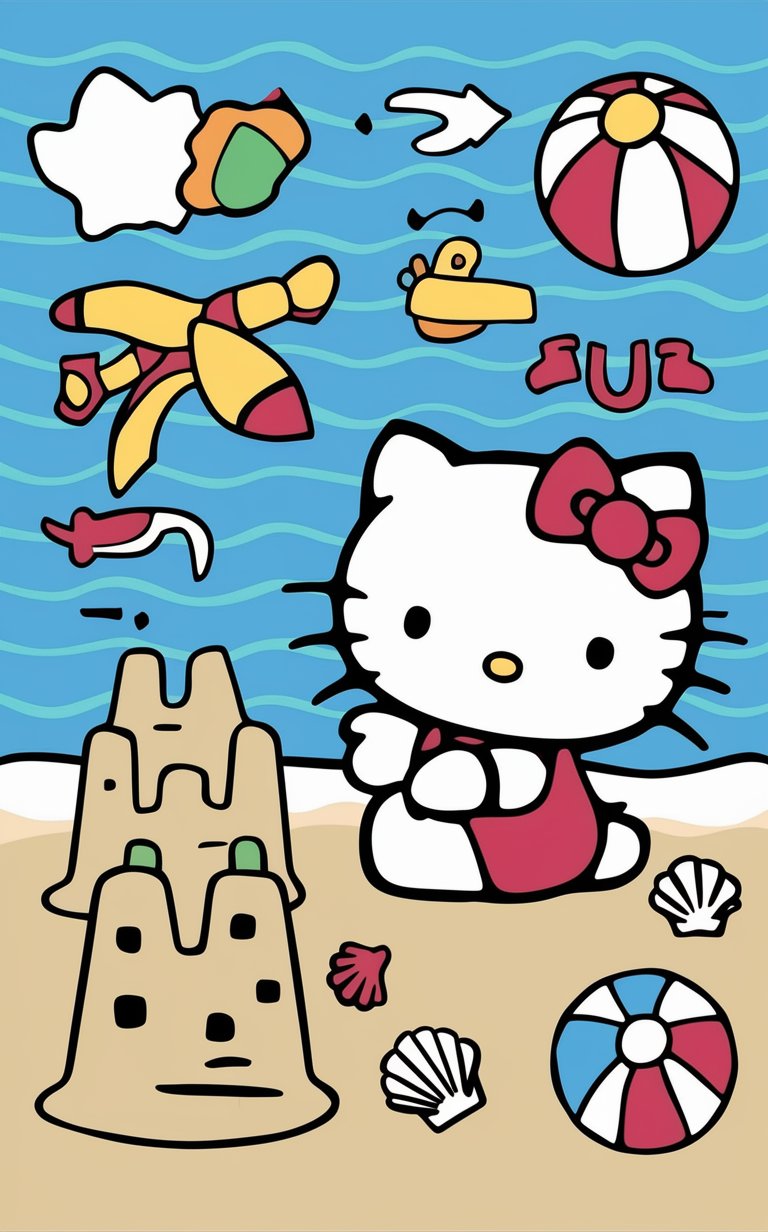 "Playful Hello Kitty in a swimsuit at the beach with sandcastles and seashells, wallpaper."