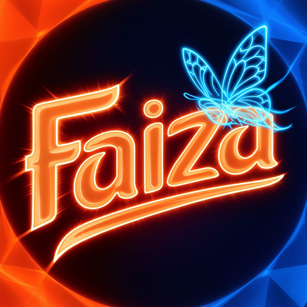 Bold neon orange and blue "Faiza" logo with radiant glow and striking butterfly. Ideal for vibrant wallpaper.