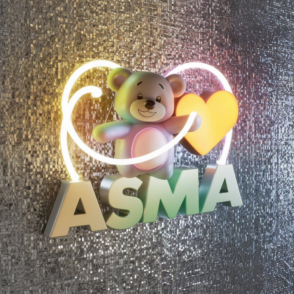 Vibrant 'Asma' design with neon elements and teddy bear, shining on a silver wallpaper