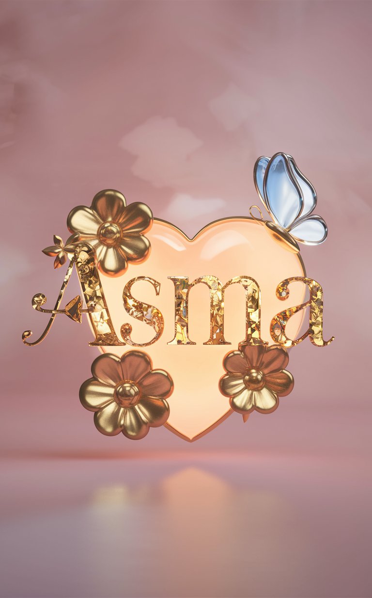 Charming Wallpaper: 3D 'Asma' logo featuring gold letters and delicate floral accents."