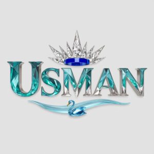 Elegant 3D Usman logo with diamond facets and a radiant blue crown, complemented by a glass swan – a stunning name DP design."