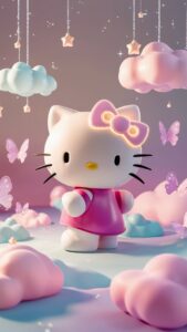 Hello Kitty floats among soft, glowing clouds and delicate butterflies in a magical 3D world."