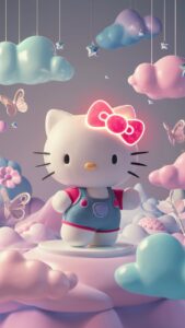 "A dreamy 3D wallpaper featuring Hello Kitty with her bow glowing softly in a starry wonderland."