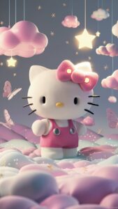 Hello Kitty in a sparkling 3D wonderland with glowing pastel clouds and twinkling stars."