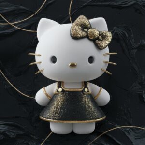 Hello Kitty in a luxurious black outfit with gold highlights, 3D wallpaper with a rich black and gold textured background."