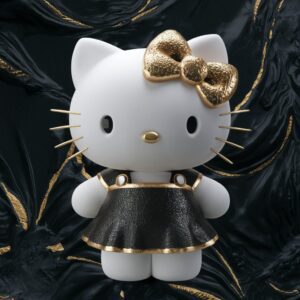 Sophisticated 3D Hello Kitty with gold highlights, against a textured black background with gold patterns wallpaper."