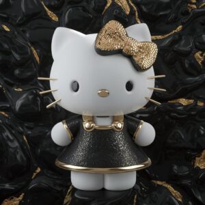 3D Hello Kitty in a black dress with gold highlights, set against a rich black background with gold patterns wallpaper."