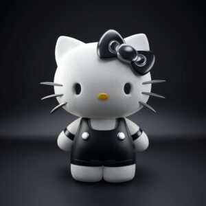 Elegant black Hello Kitty with silver accents in 3D style, set against a sleek black gradient wallpaper."