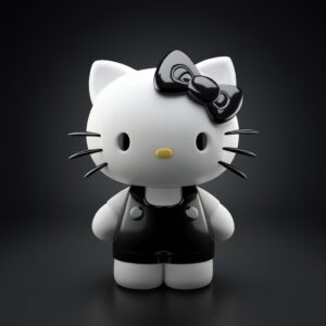 Sophisticated 3D Hello Kitty in black, with a silver bow and a chic black gradient background wallpaper."