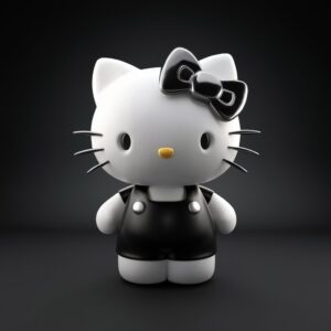 "3D Hello Kitty in a black outfit with a glowing silver bow, on a black gradient background, elegant wallpaper."