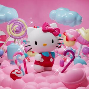 Dreamy Hello Kitty surrounded by sparkling candy canes in a pastel world – Pink Wallpaper."