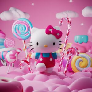 3D Hello Kitty in a magical candy land with fluffy clouds and vibrant lights – Pink Wallpaper."