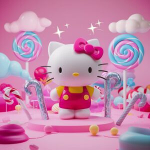 Whimsical pink candy land featuring Hello Kitty with giant lollipops – 3D Wallpaper."