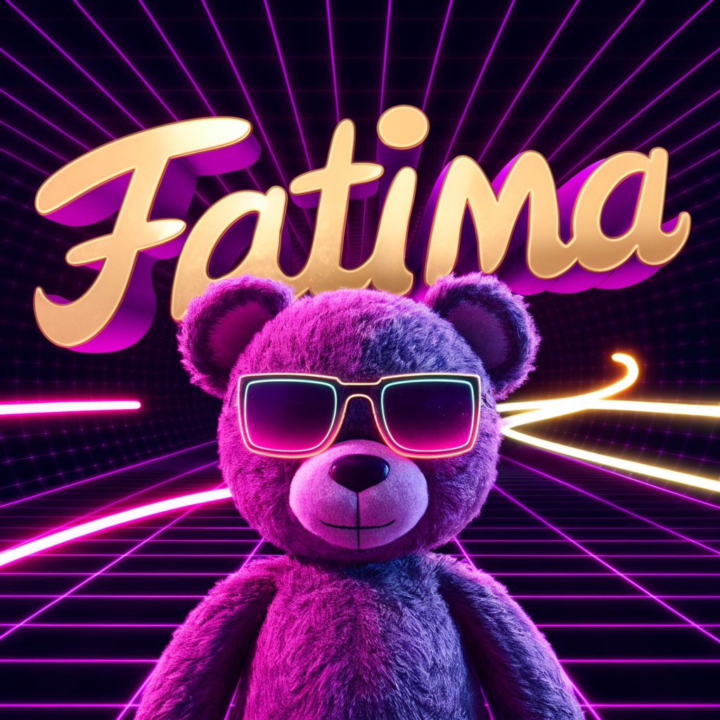 Neon purple 'Fatima' with teddy bear character and dynamic grid pattern background."