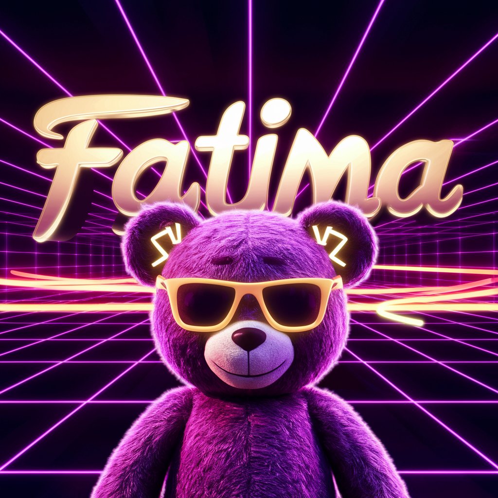 Elegant retro futurism 3D wallpaper with neon 'Fatima' and teddy bear in neon shades