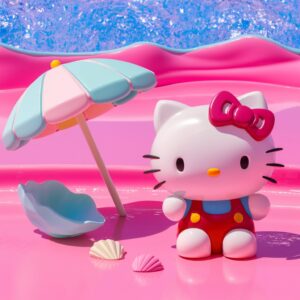 3D Hello Kitty at a cheerful pink beach paradise with vibrant ocean waves – Wallpaper."