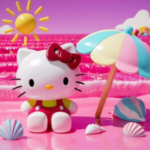 Sunny pink beach paradise featuring Hello Kitty with a pastel beach umbrella – 3D Wallpaper."