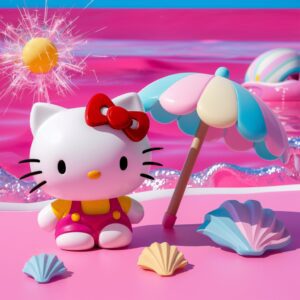 Hello Kitty enjoying a sunny pink beach with a pastel umbrella – 3D Wallpaper."