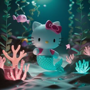 3D wallpaper of Hello Kitty exploring an underwater realm with glowing reefs and playful sea creatures."