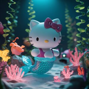 A magical underwater scene featuring Hello Kitty with a sparkling mermaid tail and gentle sea life."