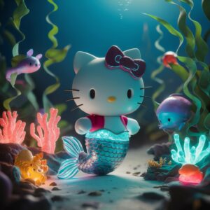 Hello Kitty in a vibrant, glowing underwater world with coral reefs and shimmering sea life in 3D."