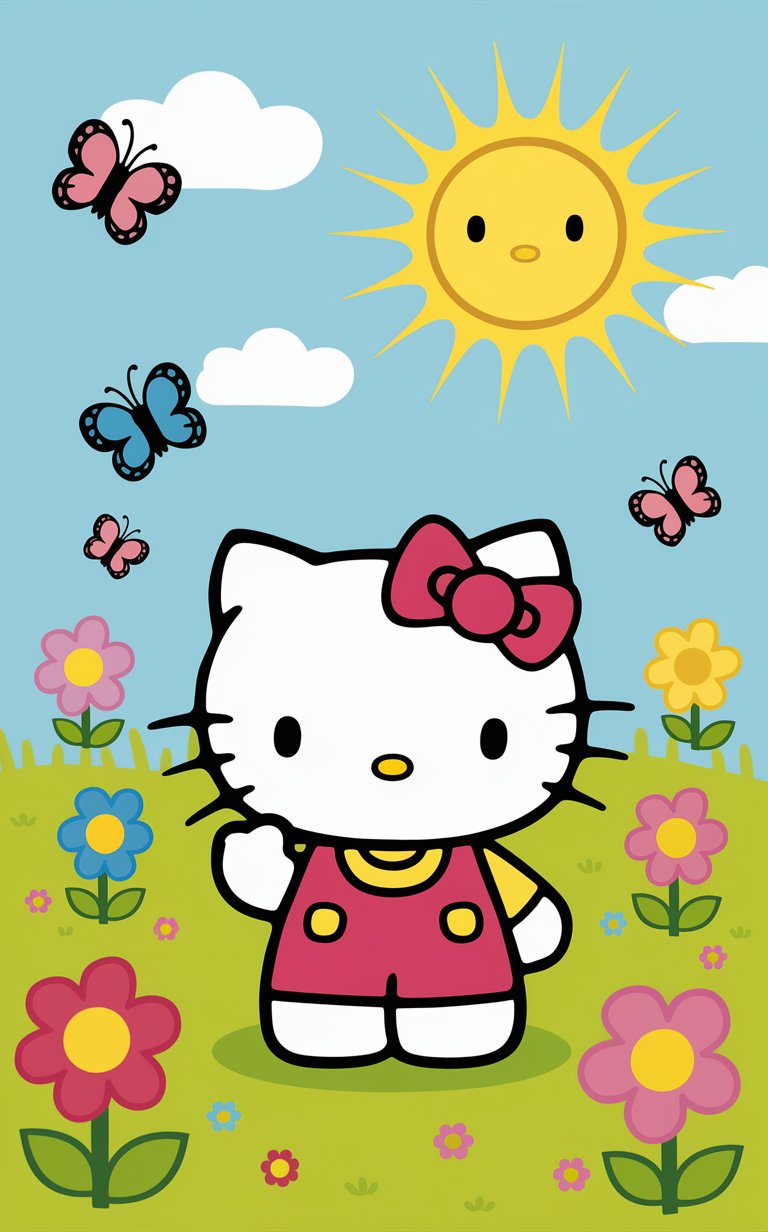 Vibrant Hello Kitty with a sunny background and colorful butterflies, wallpaper."