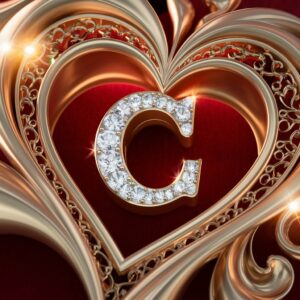 Opulent gold heart frame with a sparkling diamond "C" centerpiece, illuminated on a deep red background.