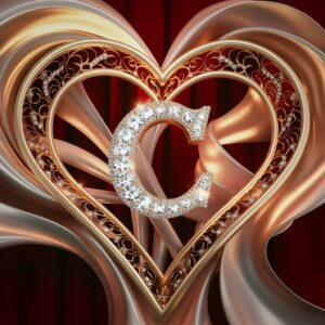 Diamond-studded "C" in an elegant gold heart design with warm lighting and rich red velvet backdrop.