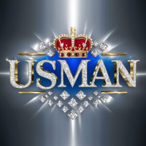 Elegant 3D Usman logo with gold and blue, featuring diamond patterns and a royal crown, set against silver."