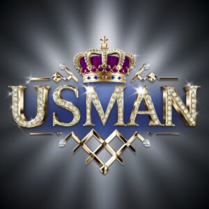 Luxurious gold and blue Usman logo with crown and diamond details, highlighted by a silver background