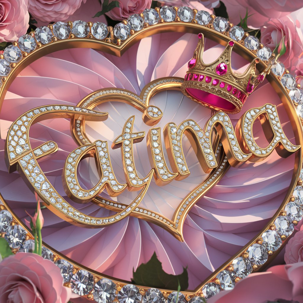 Elegant 3D render of "Fatima" in heart-shaped gold letters, decorated with diamonds and pink roses, with a golden crown.