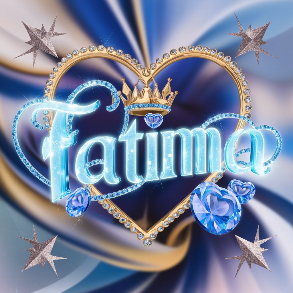 Stunning 3D render of "Fatima" in radiant blue hearts, accented with sapphires and topped with a golden heart crown.