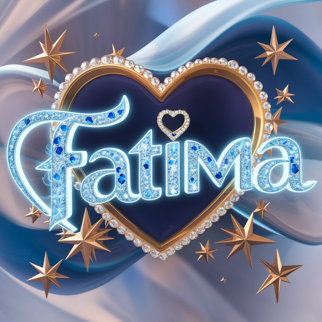 Elegant "Fatima" in glowing blue hearts, with sapphire decorations and a golden crown, set against an azure backdrop.