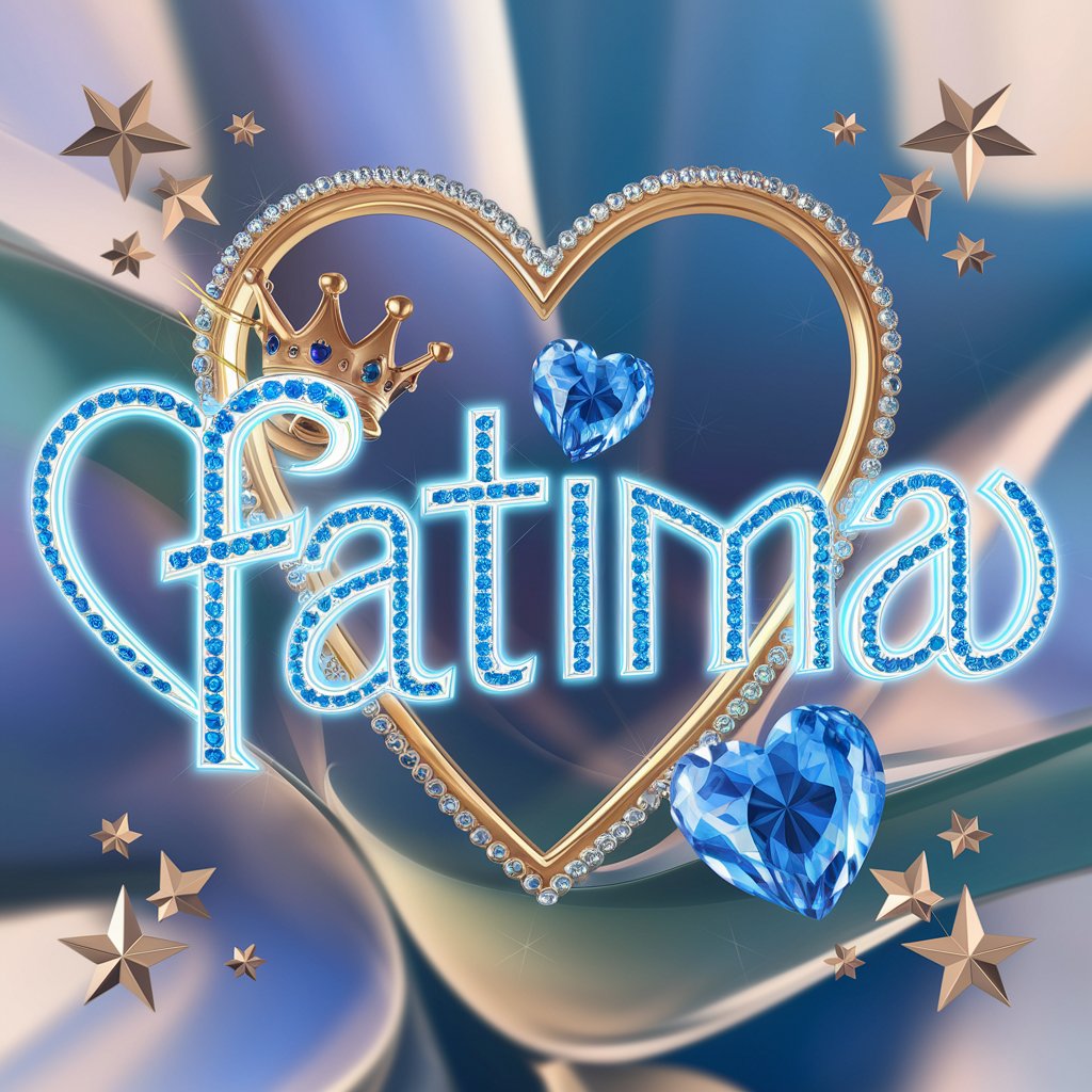 Fatima" in glowing blue heart-shaped letters, surrounded by sapphires and a golden heart crown, with an azure background.