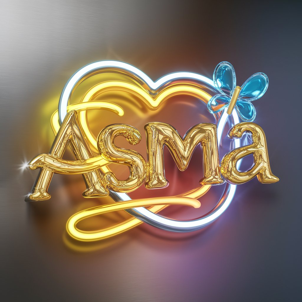 Vibrant 3D logo for Asma, blending golden twitty details with neon light effects and a sleek silver background."