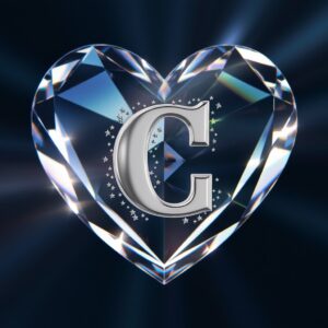 Opulent DP with a floating C in a dazzling crystal heart, reflecting a spectrum of colors."