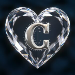 Elegant crystal heart DP with a platinum C, surrounded by shimmering stars