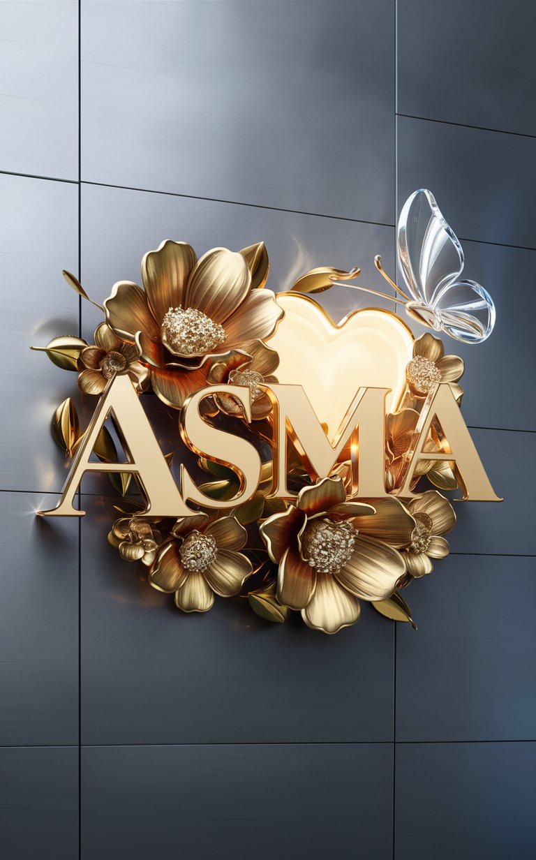 Enchanting Wallpaper: 3D 'Asma' logo featuring gold letters and a whimsical glass butterfly."