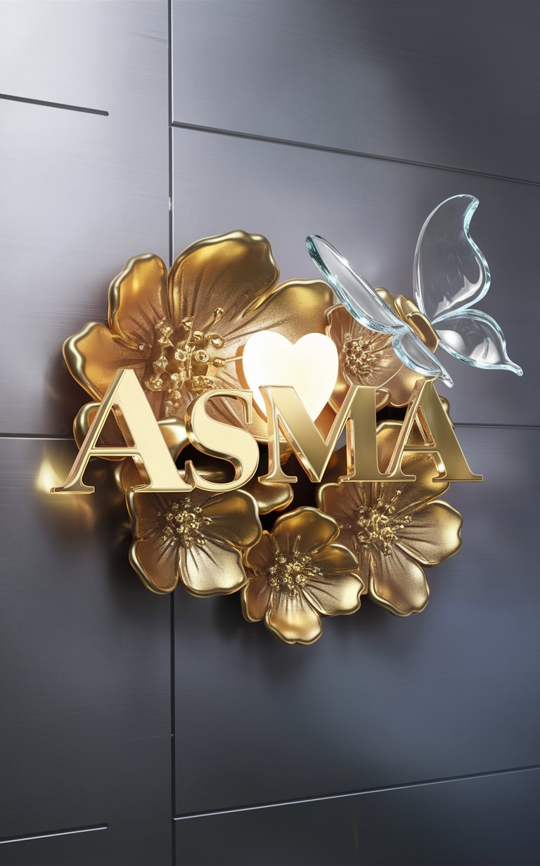 Radiant 'Asma' Logo Wallpaper: Golden flowers and glowing details against a smooth silver background."